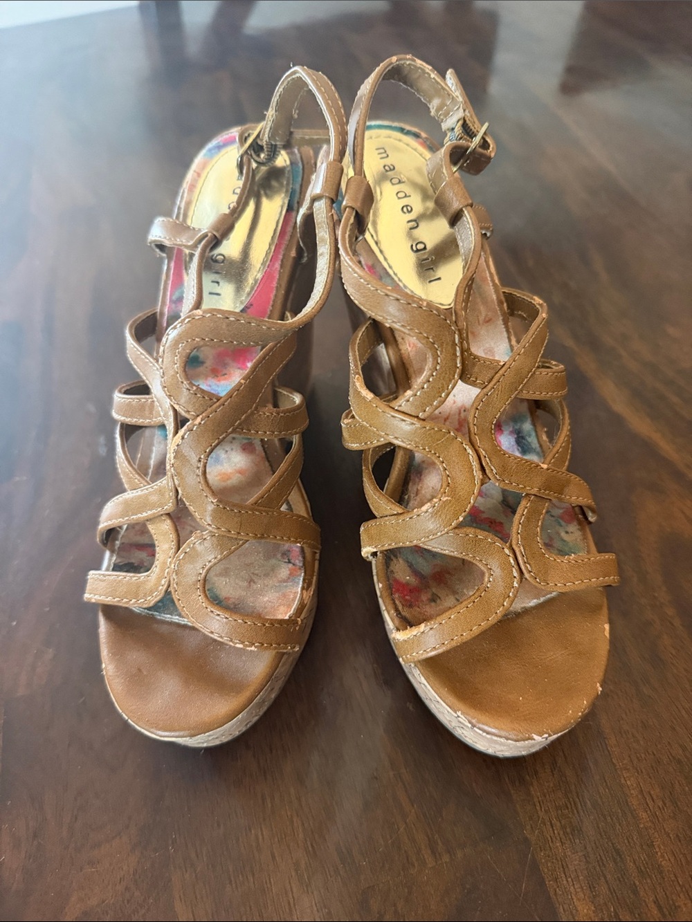 Madden Girl Tan Strappy Wedge Sandals